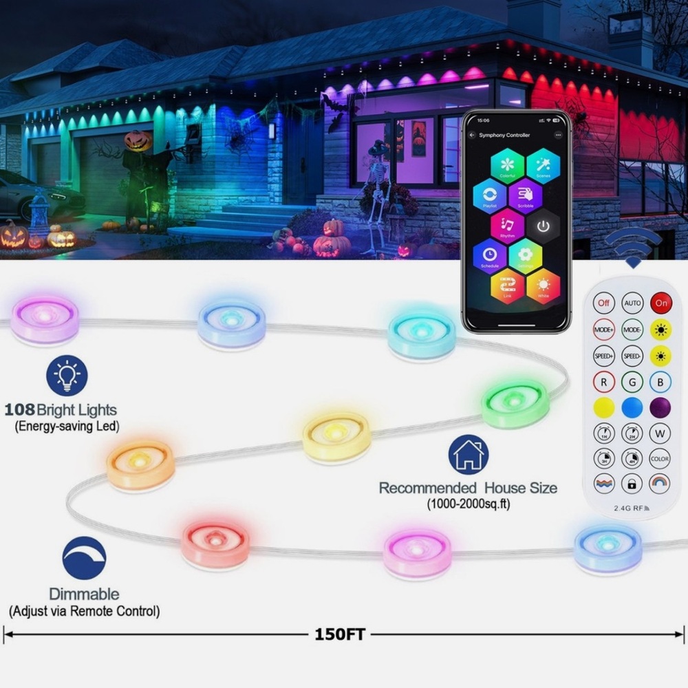 Permanent Outdoor Lights for House, 150ft with 108 LEDs Waterproof Eaves Lights